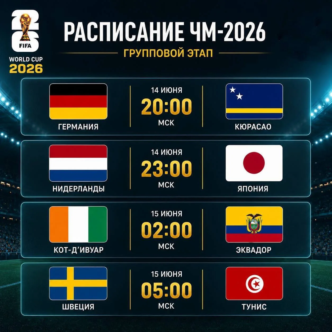 🏆 КЮРАСАО ДЕБЮТИРУЕТ НА ЧМ2026! 

🍿 А сегодня все внимание на Японию — ждём яркий матч и красивый 