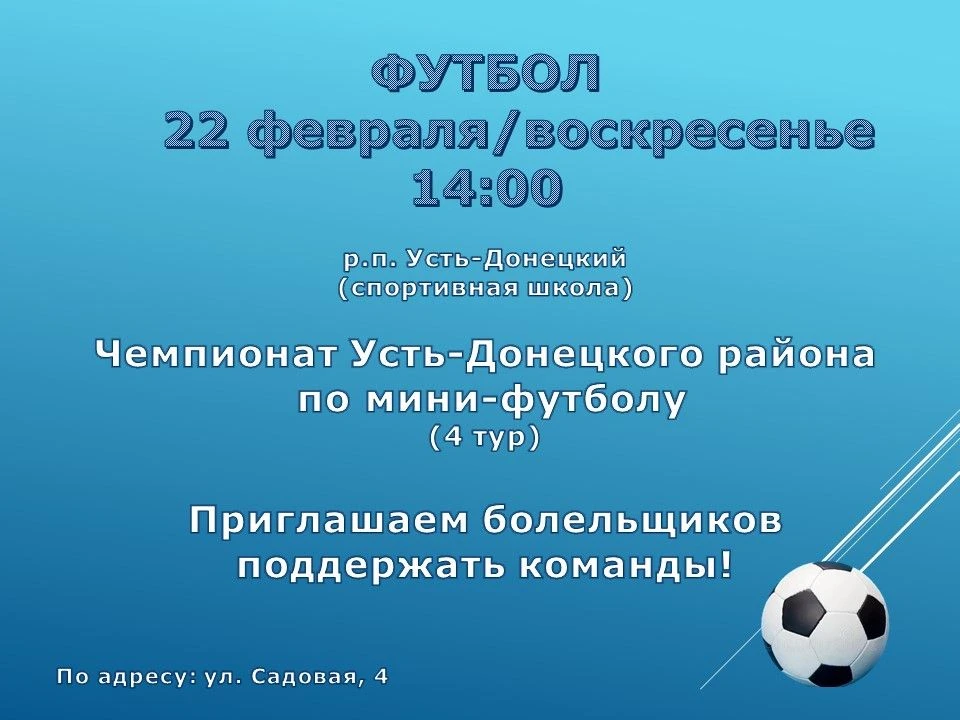 ️ 22 февраля в 14:00 состоится четвёртый тур Чемпионата Усть-Донецкого района по мини-ф...