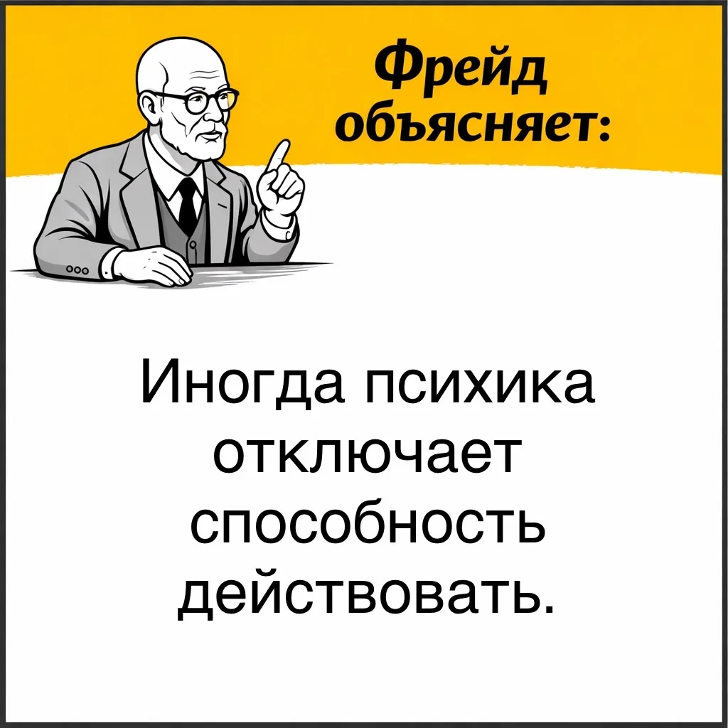 Фрейд описывает состояние торможения. Оно проявляется в ситуациях, когда психика ограничивает нашу с