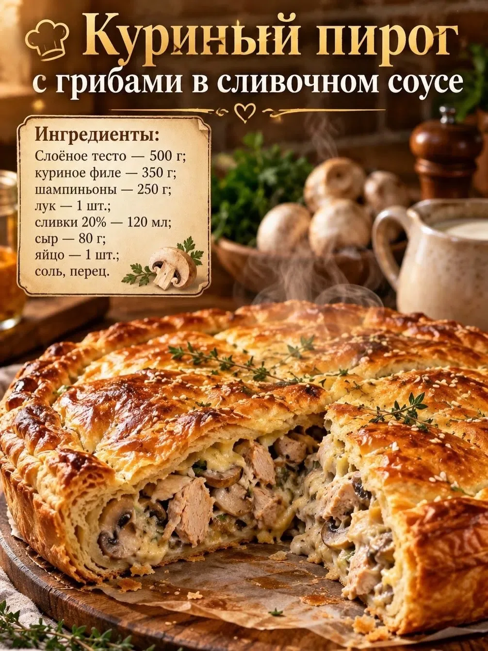 Куриный пирог с грибами в сливочном соусе