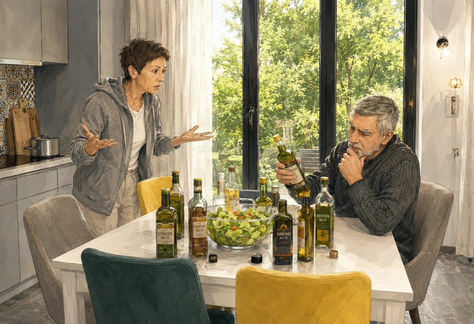— Кунжутное — это раз, оливковое — это два, кукурузное, подсолнечное, конопляное, тыквенное... А-а-а
