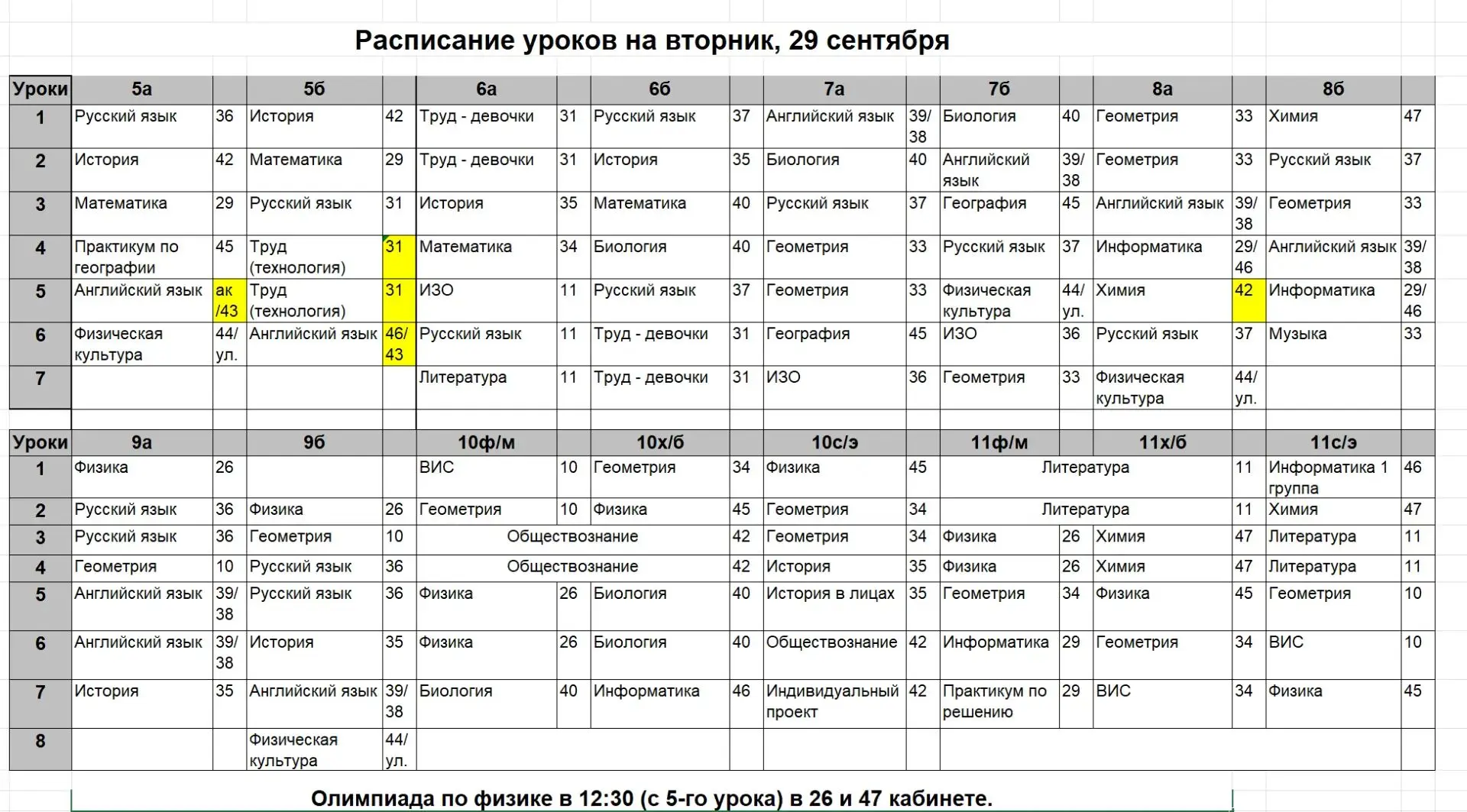 Расписание на вторник, 29 сентября