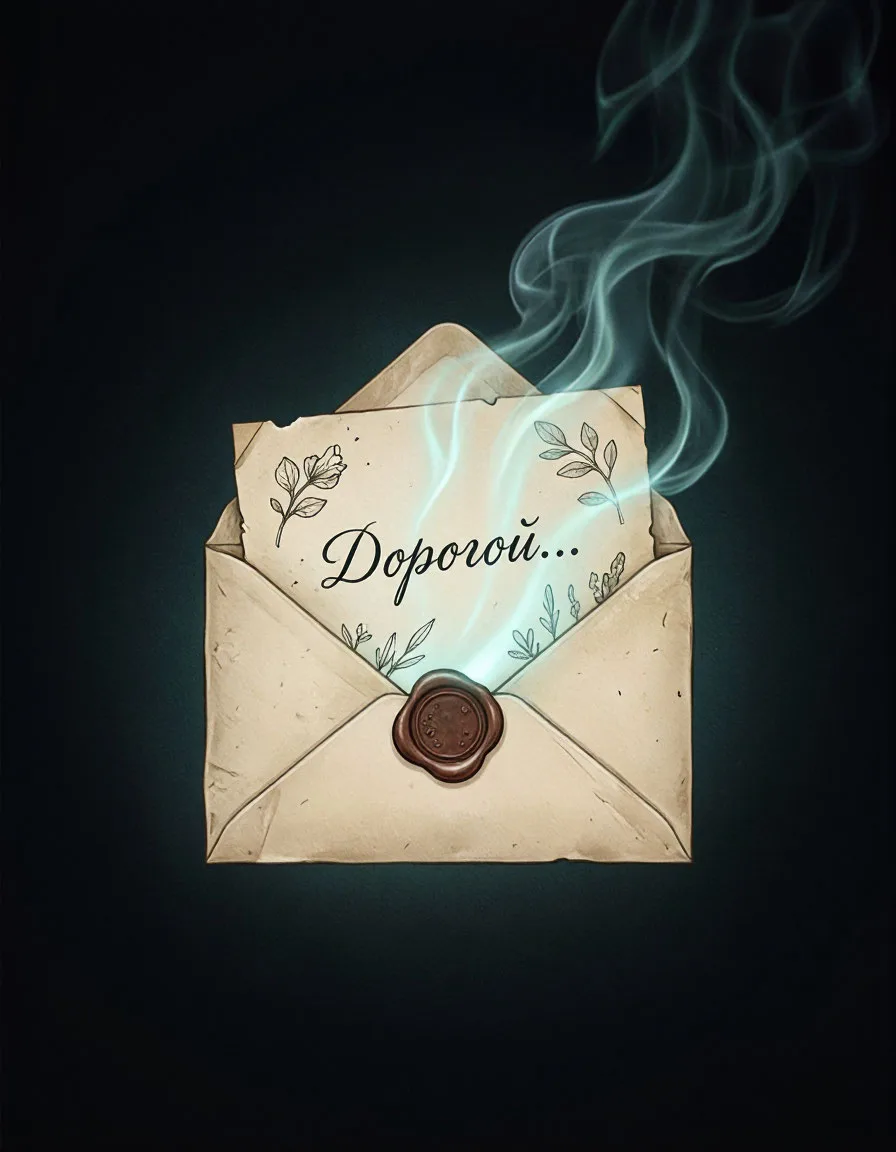 A single paper envelope with a wax seal floating in dark void, ethereal smoke, glowing ...