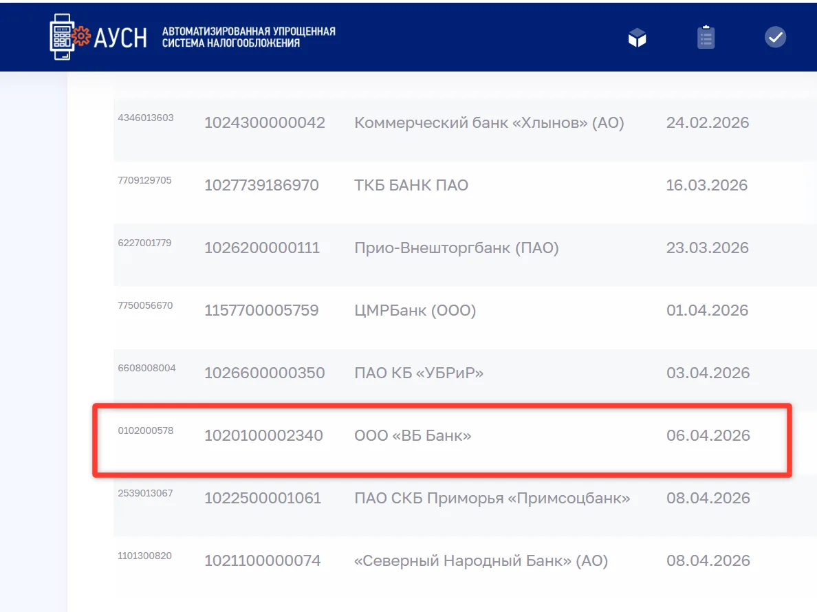 ВБ банк включен в перечень уполномоченных банков для АУСН