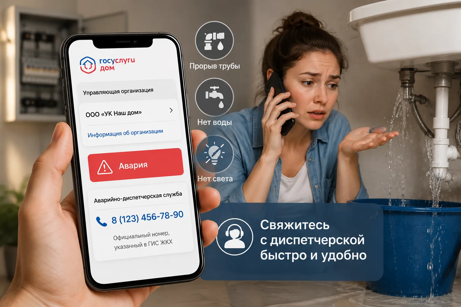 Прорвало трубу? Пропали свет или вода?

В таких ситуациях важно быстро связаться с аварийно-диспетче
