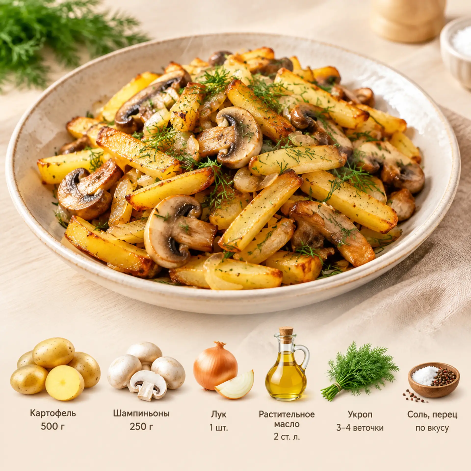 Картофель с грибами на сковороде 🤤