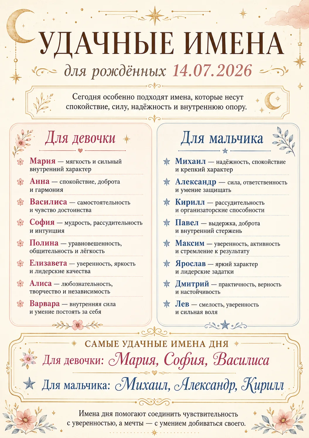 Какие имена особенно подходят рождённым 14.07.2026