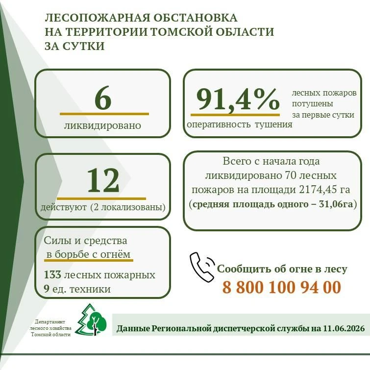 📌 За прошедшие сутки на территории Томской области ликвидировано 6 лесных пожаров на территории Вер