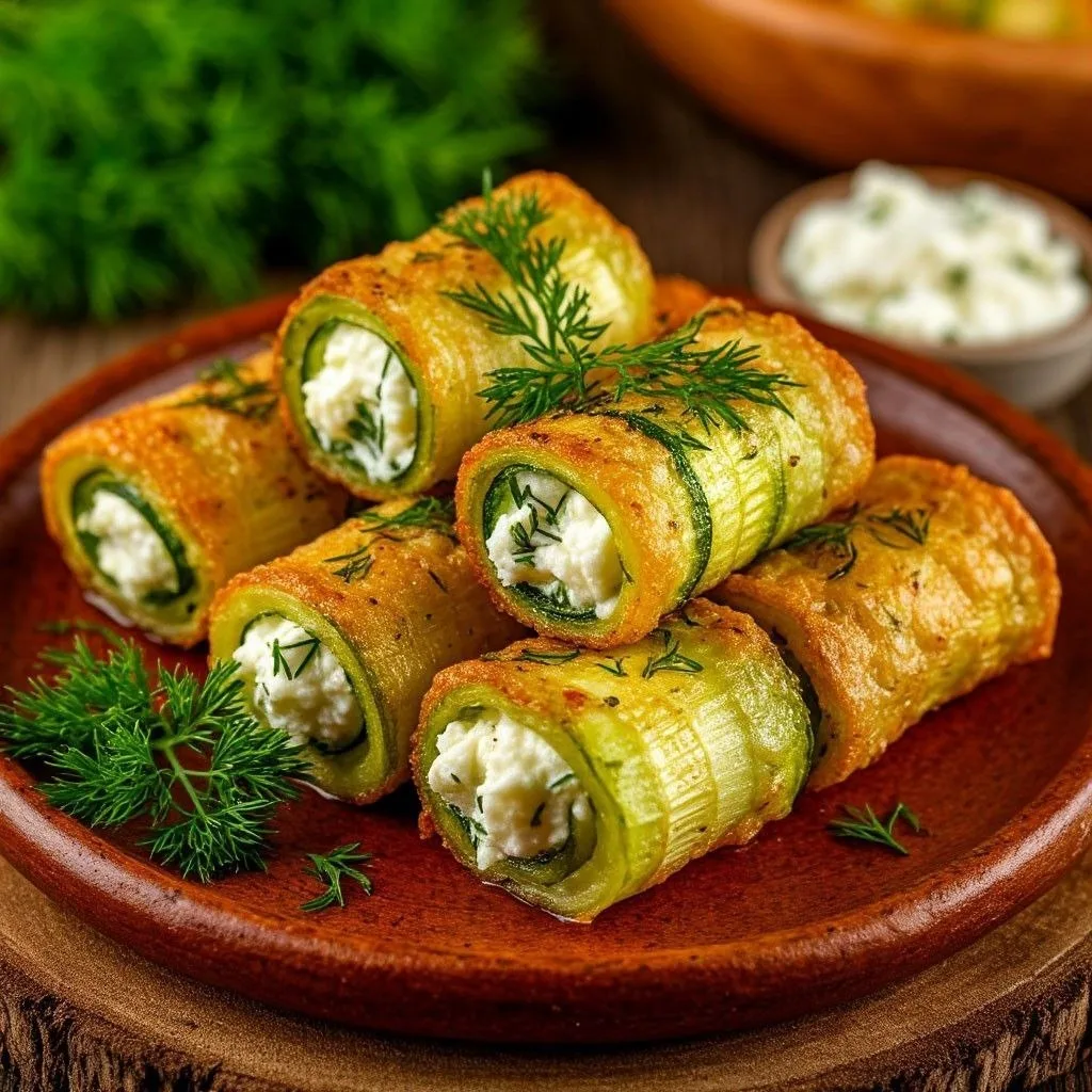 Рулетики из кабачков с творогом, чесноком и укропом