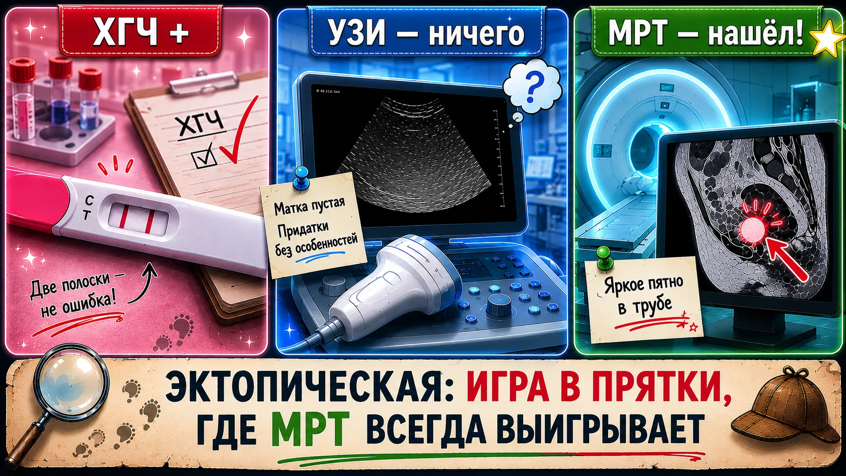 ГДЕ ПРЯЧЕТСЯ БЕРЕМЕННОСТЬ?

Пациентка с положительным ХГЧ. На УЗИ — ничего. Ни в матке, ни в трубах.