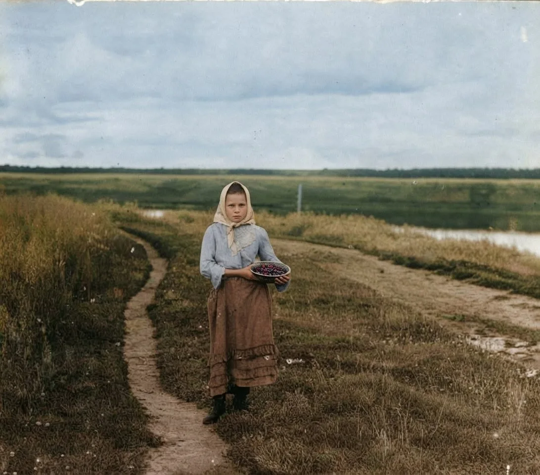 Девочка с земляникой, 1909 г. Черно-белое фото С.М. Прокудина-Горского. Раскрашено: Вер...