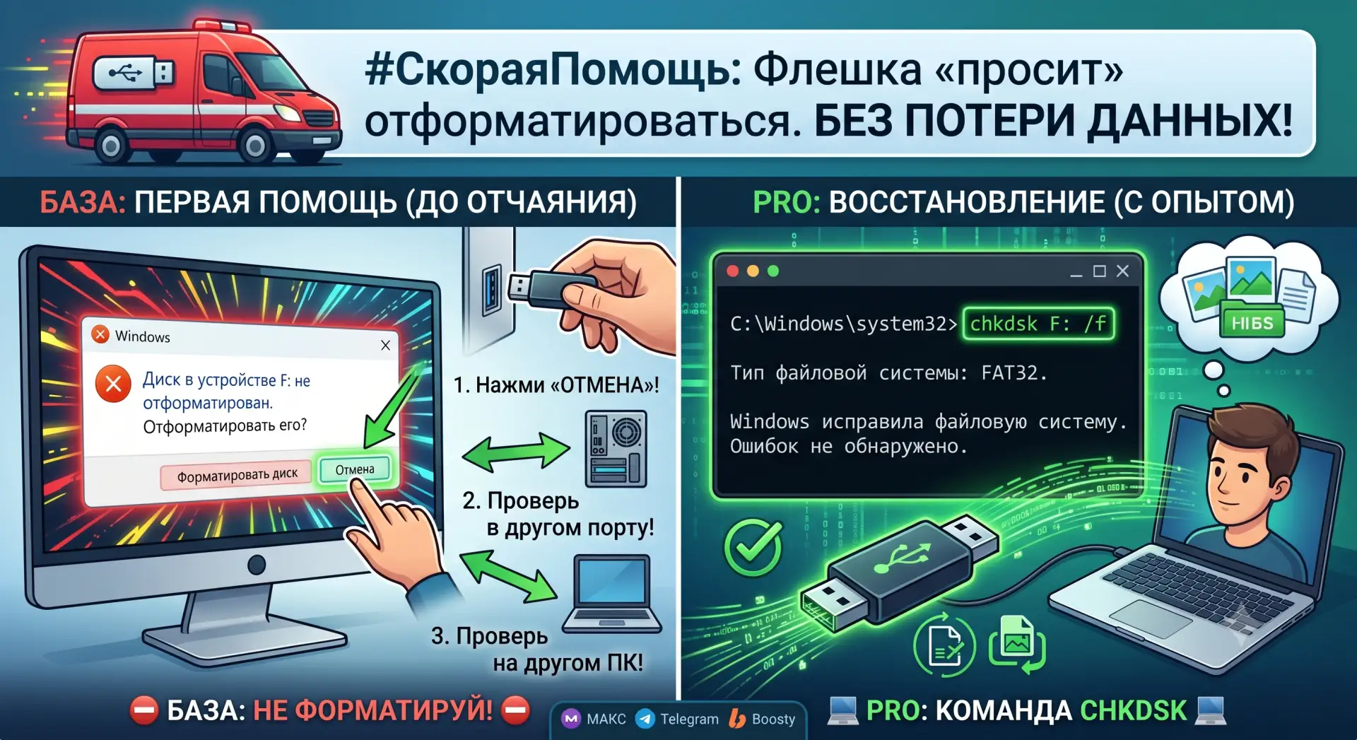 🚨 #СкораяПомощь: Флешка «просит» отформатироваться! Что делать?

Ситуация, которая бросает в холодн
