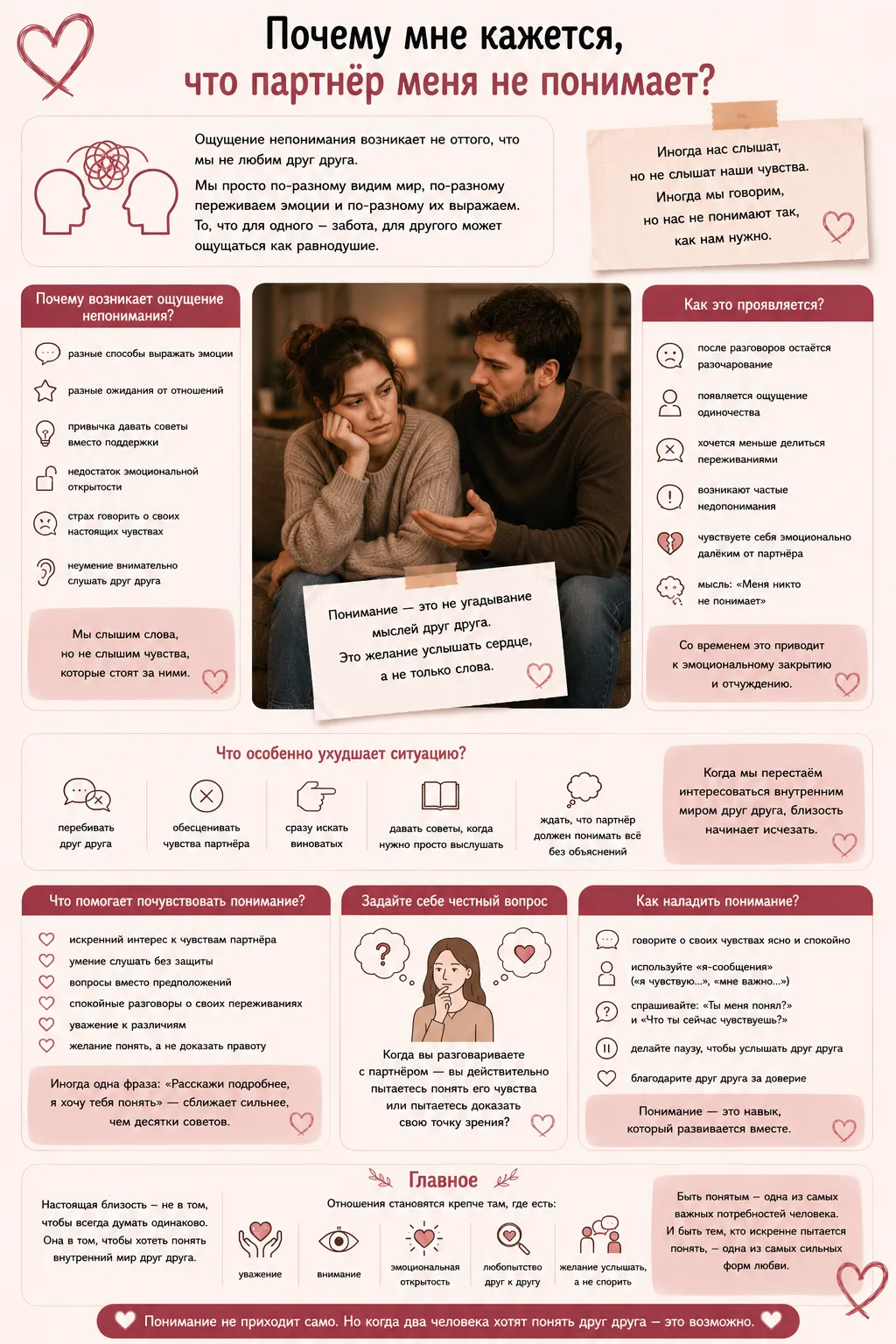 ❓ Вопрос подписчика
«Почему мне кажется, что партнёр меня не понимает?
Я стараюсь объяснять свои чув