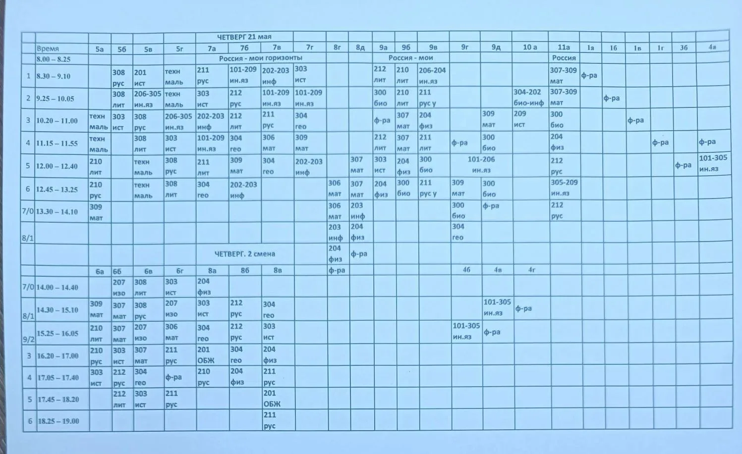 Расписание на 21.05