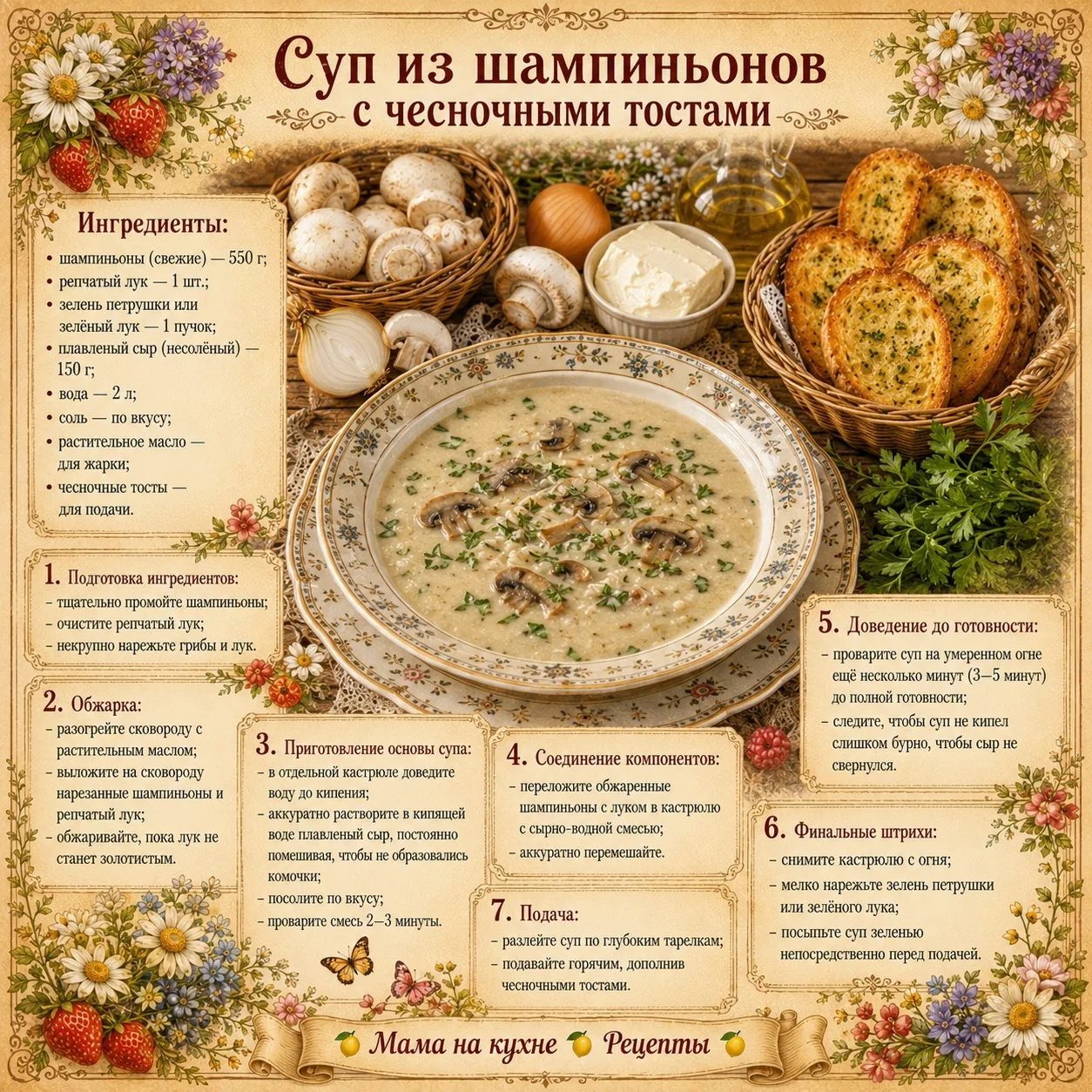 Суп из шампиньонов с чесночными тостами