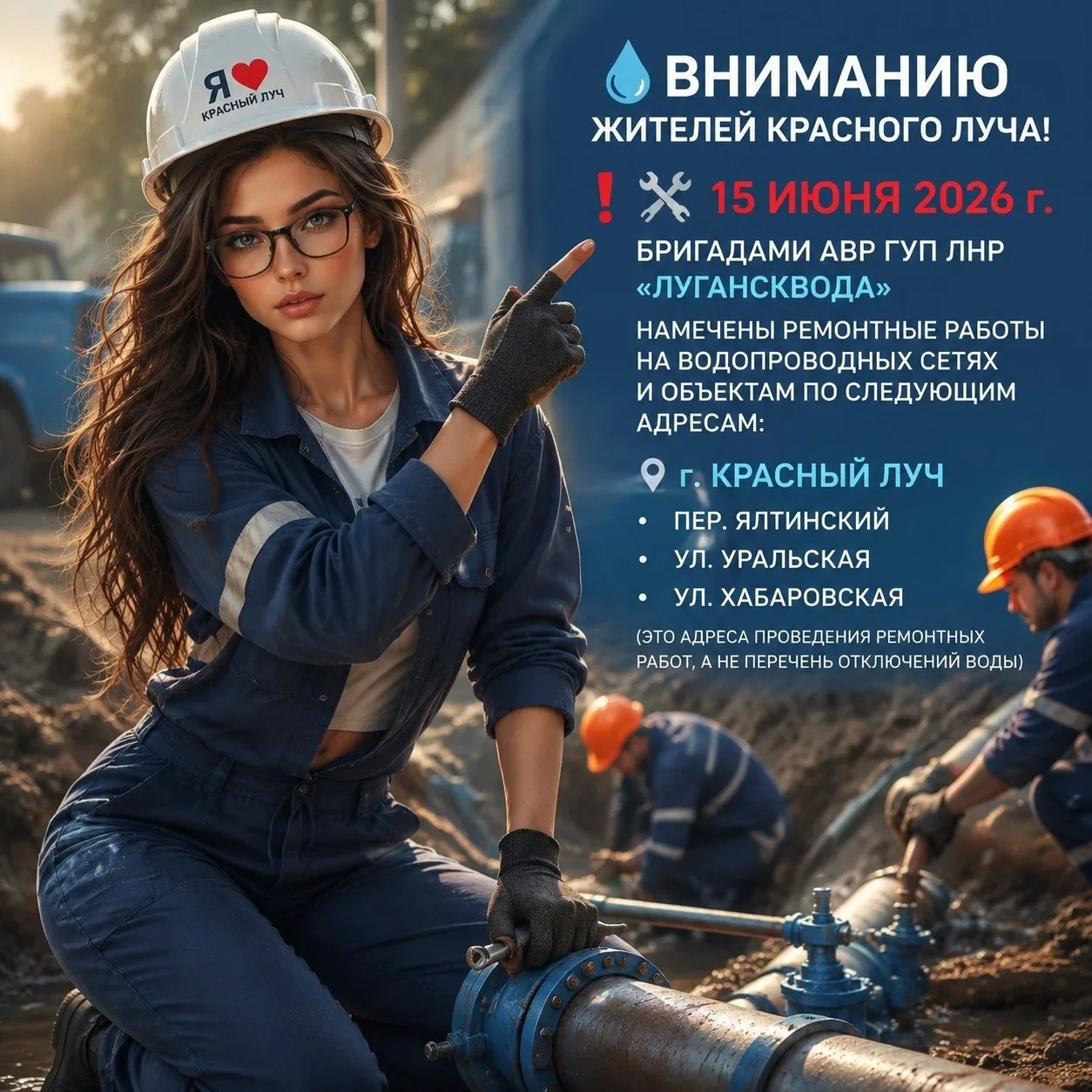 💧 Вниманию жителей Красного Луча!

❗️🛠 15 июня 2026 г. бригадами АВР ГУП ЛНР «Лугансквода» намечен