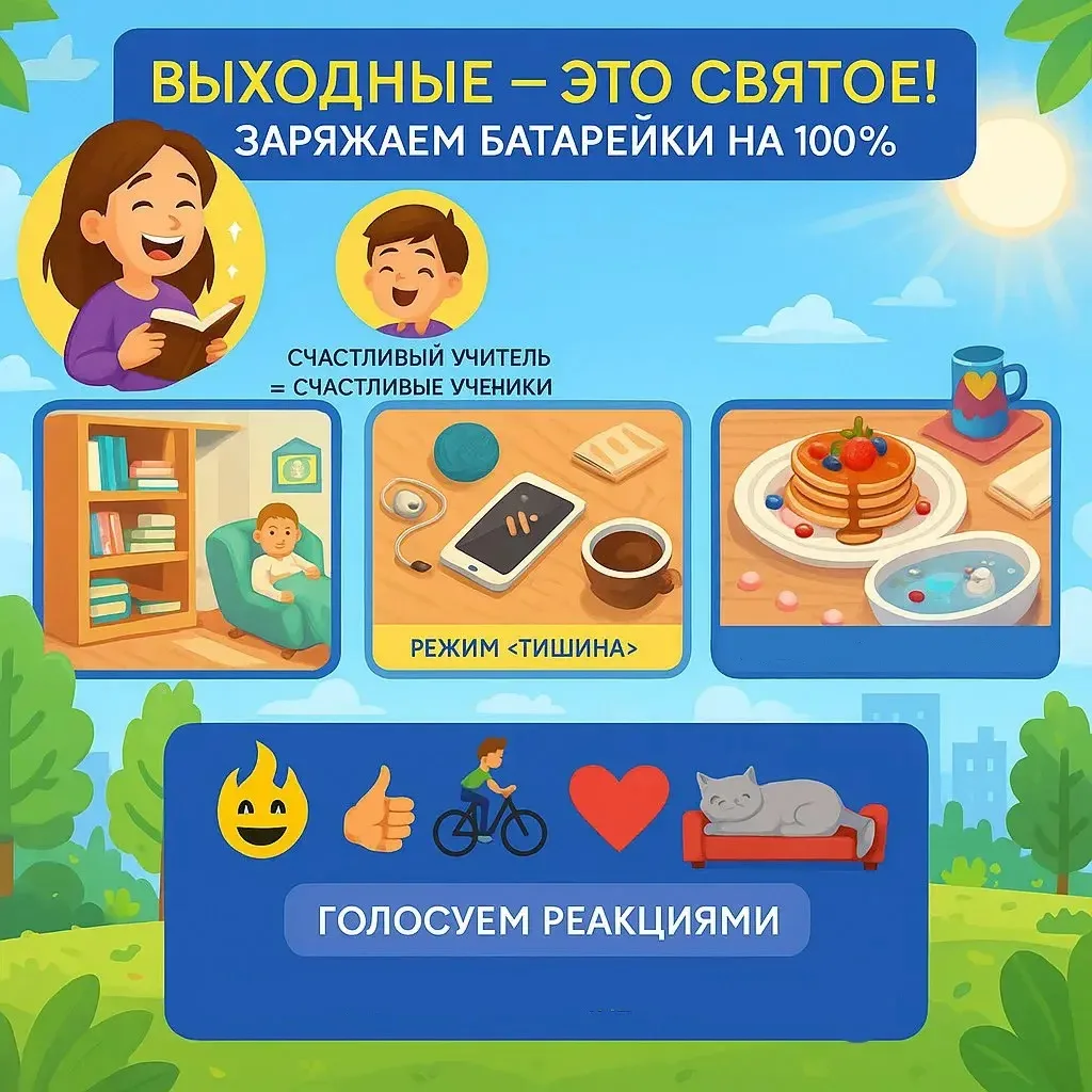 Выходные — это святое! Заряжаем батарейки на 100%🧘💆‍♀️

Коллеги, наконец-то пятница! 🎉 Это значит
