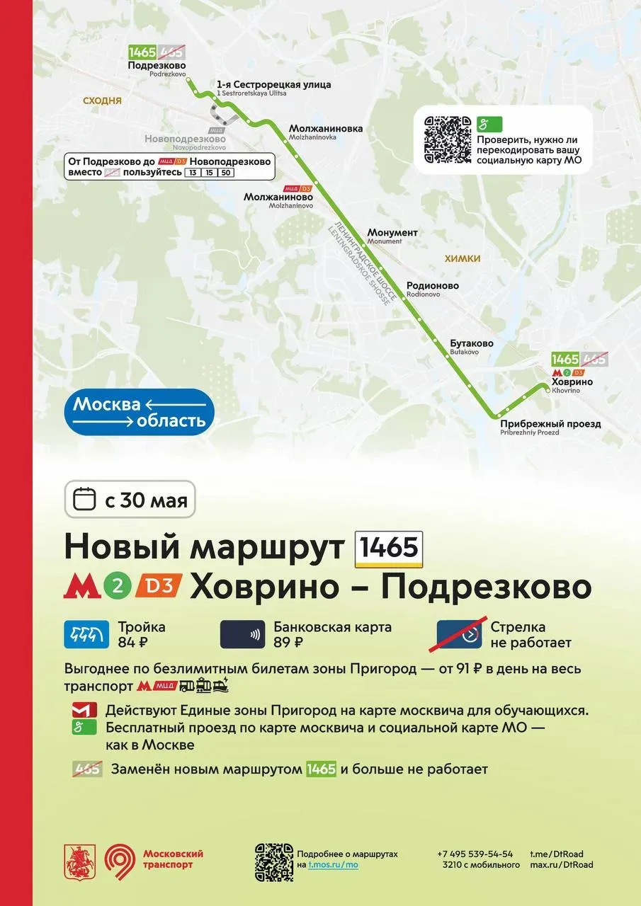 Из Химок до метро «Ховрино» запускают новый автобусный маршрут №1465   С 30 мая в Химках начнёт рабо