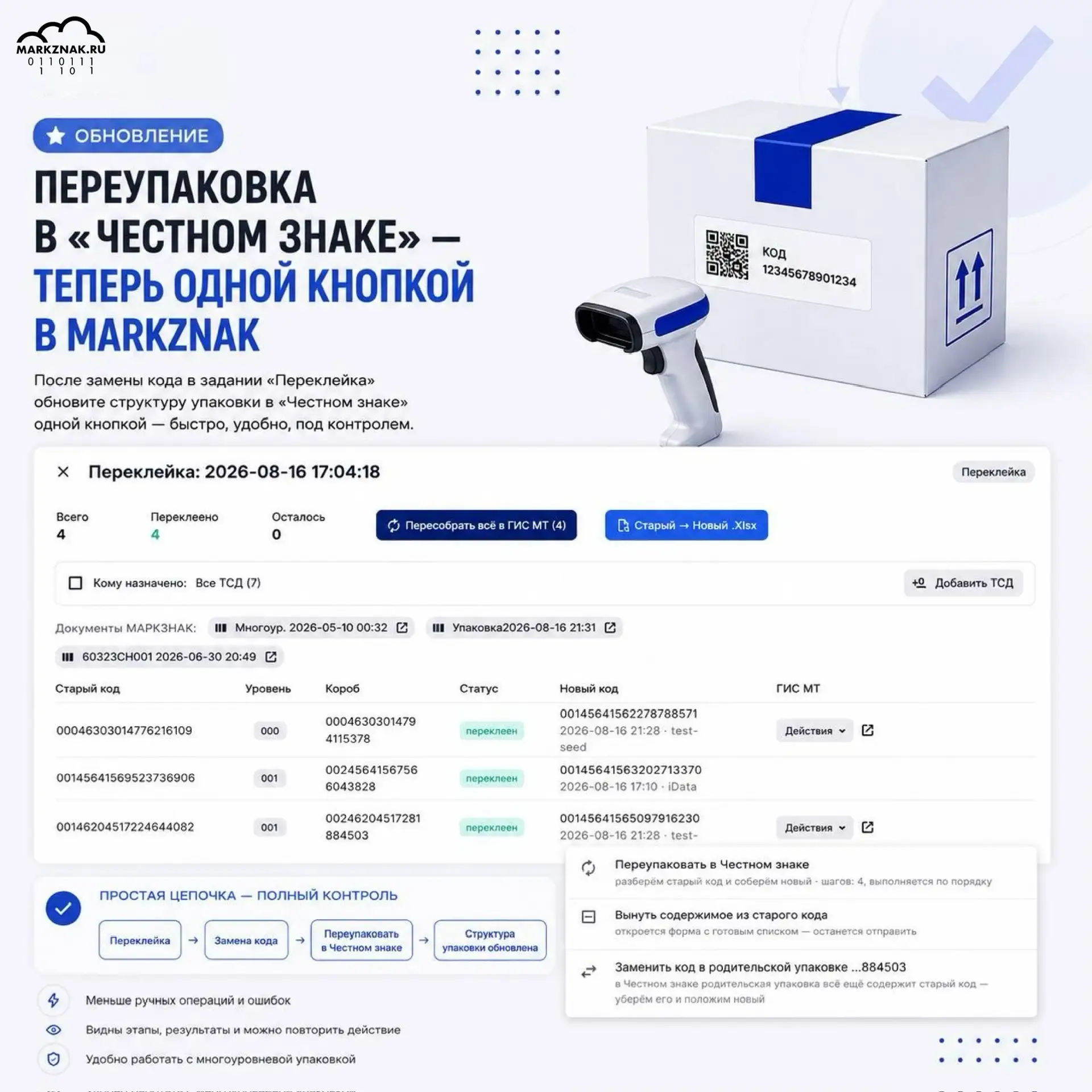 📦 Переупаковка в «Честном знаке» -  теперь одной кнопкой в MARKZNAK