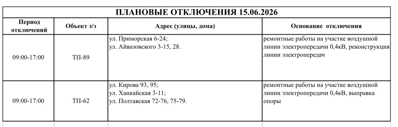 💡 Уважаемые потребители г. Артёма 
Информируем вас о плановых отключениях электроэнергии

Благодари