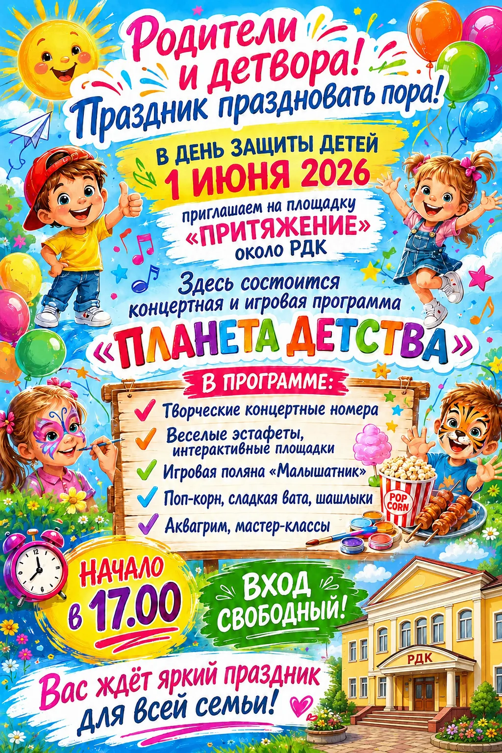 Друзья! В День защиты детей - 1 июня - приглашаем вас на площадку «Притяжение» около РД...