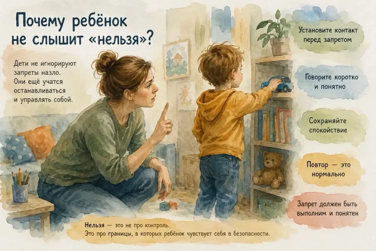 ПОЧЕМУ РЕБЁНОК НЕ СЛЫШИТ «НЕЛЬЗЯ»?

«Не трогай.»
Через несколько секунд рука снова тянется к тому же