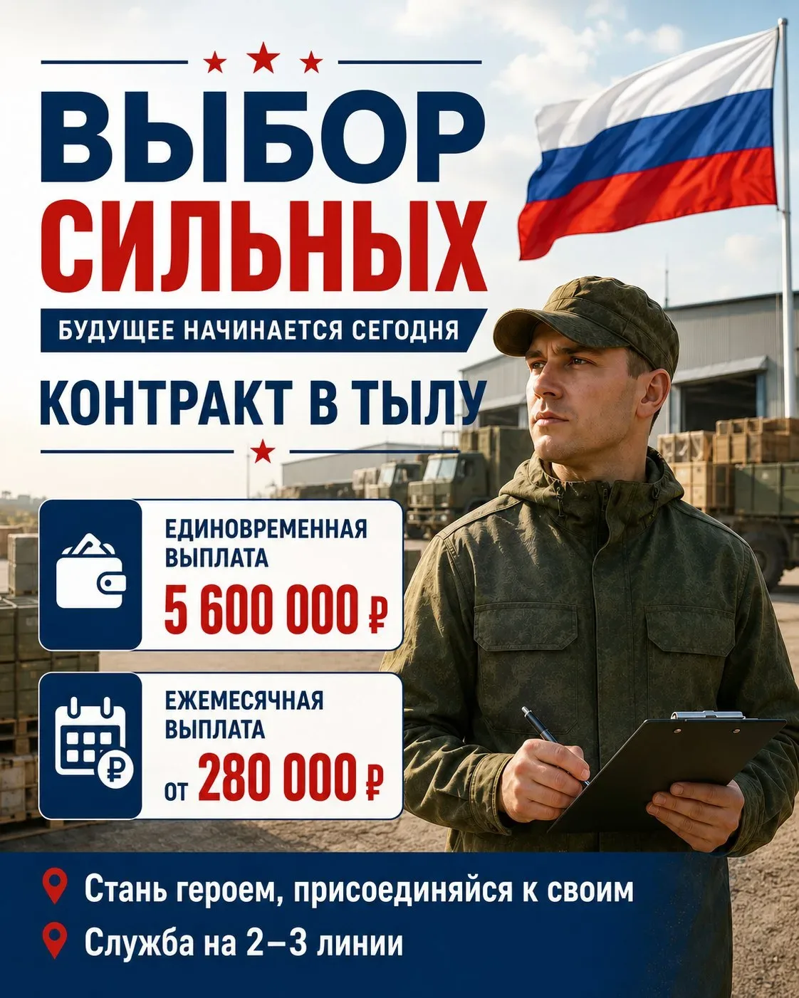 💰 До 4 500 000 ₽ единовременно. Зарплата от 210 000 ₽ в месяц.

🇷🇺 Открыт набор на контрактные до