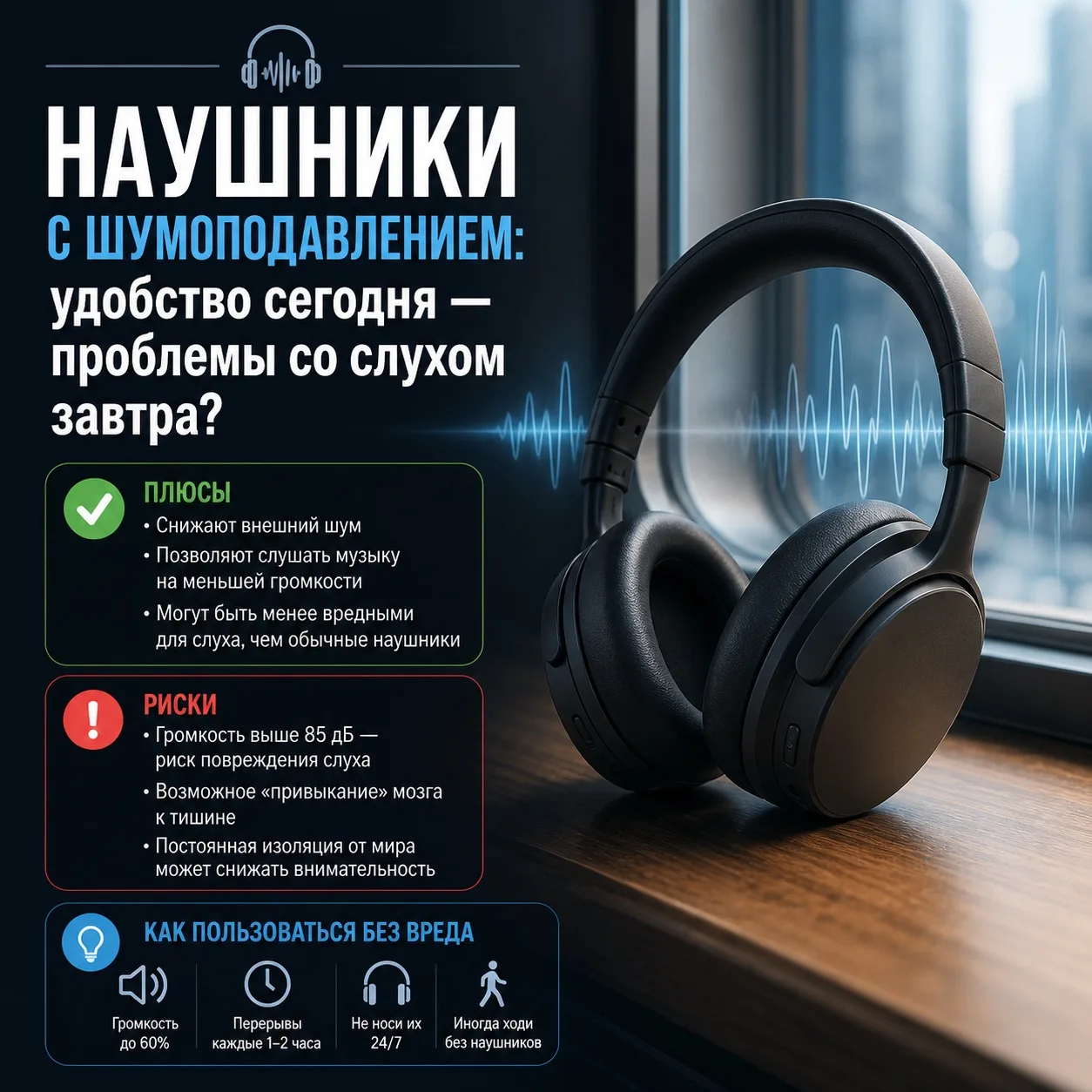 🎧 Наушники с шумоподавлением: удобство сегодня — проблемы со слухом завтра?
Сейчас это мастхэв: вкл