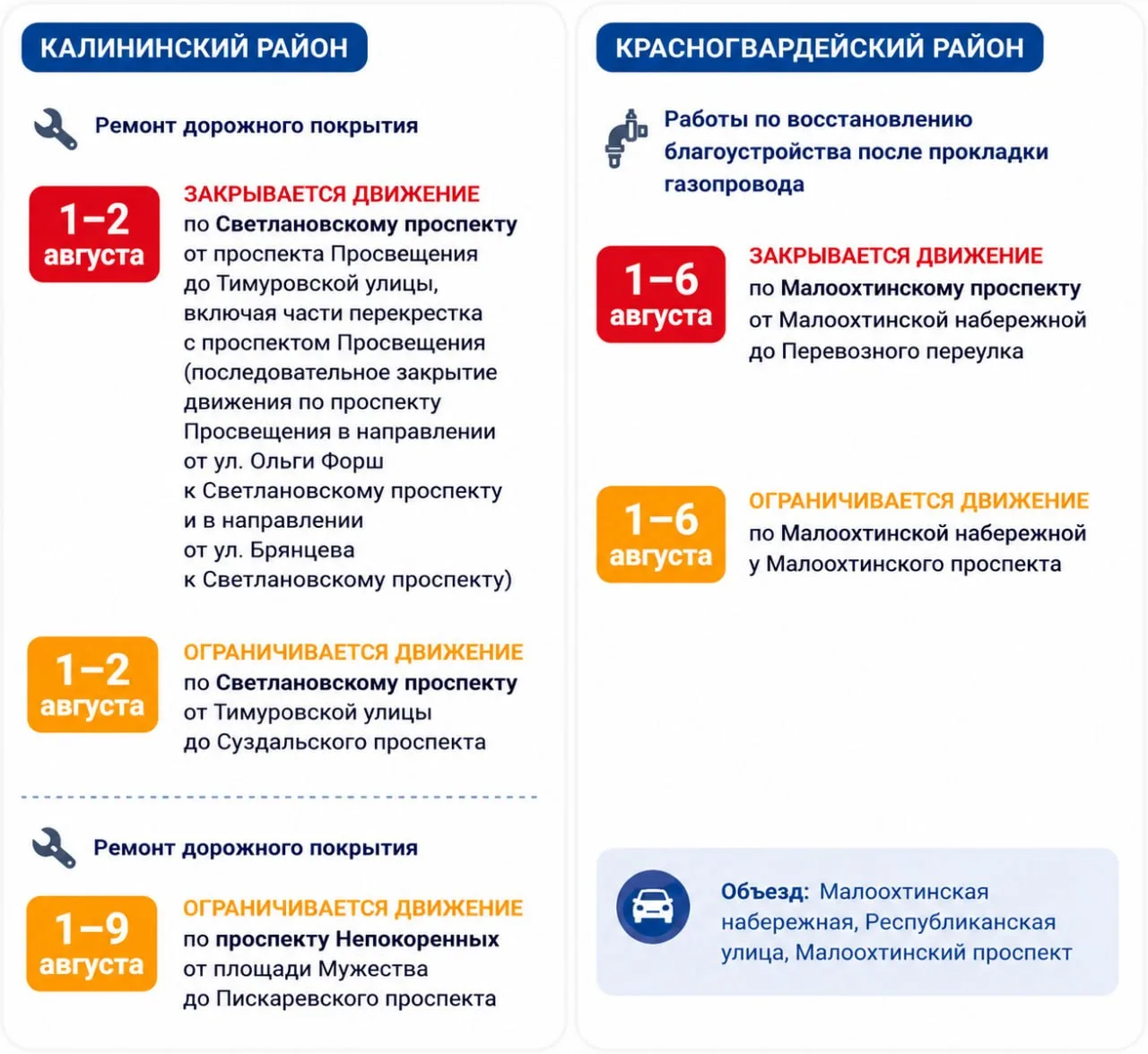 С 1 августа в нескольких районах Петербурга временно ограничат и перекроют движение из-за дорожных р