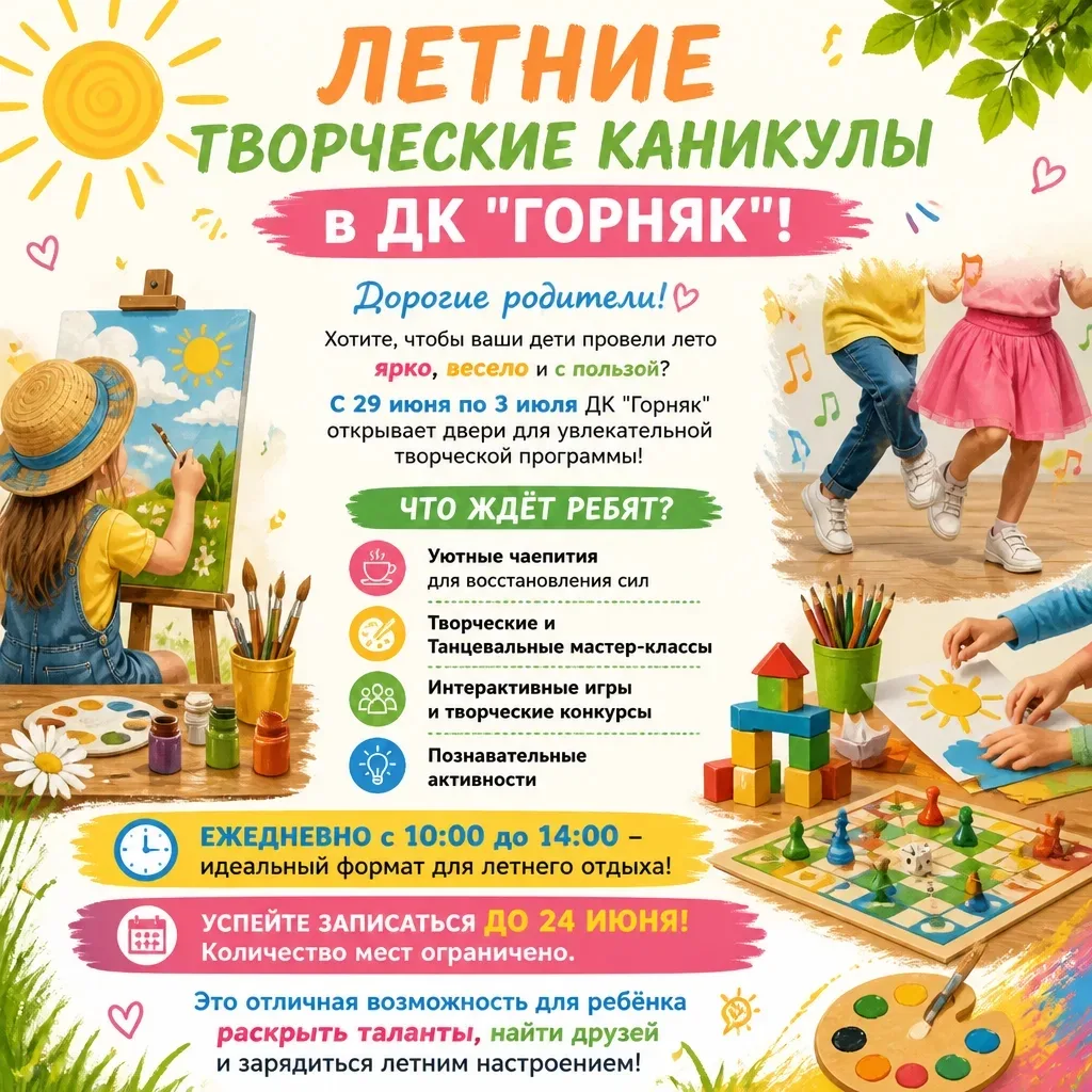 🎉 Летние творческие каникулы в ДК "Горняк"! 🎭⚡
📩 Подробности и запись – в личных сообщениях