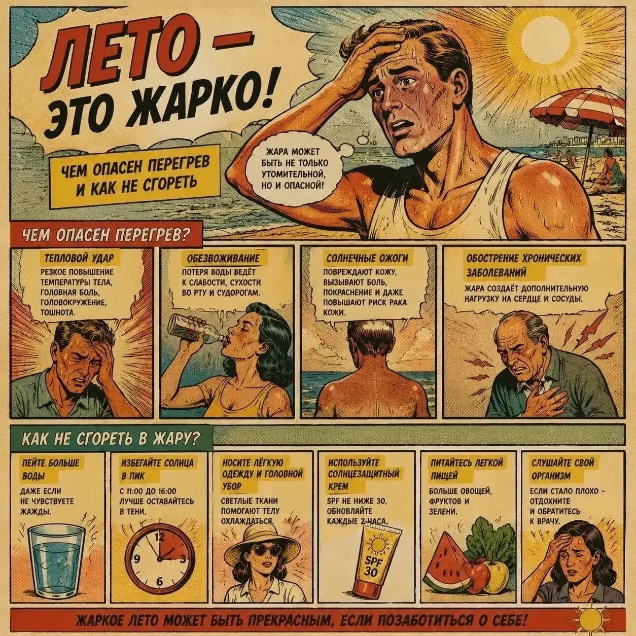 ☀️ Лето — это жарко! Чем опасен перегрев и как не сгореть

Друзья, жара — это не только пляж и шашлы