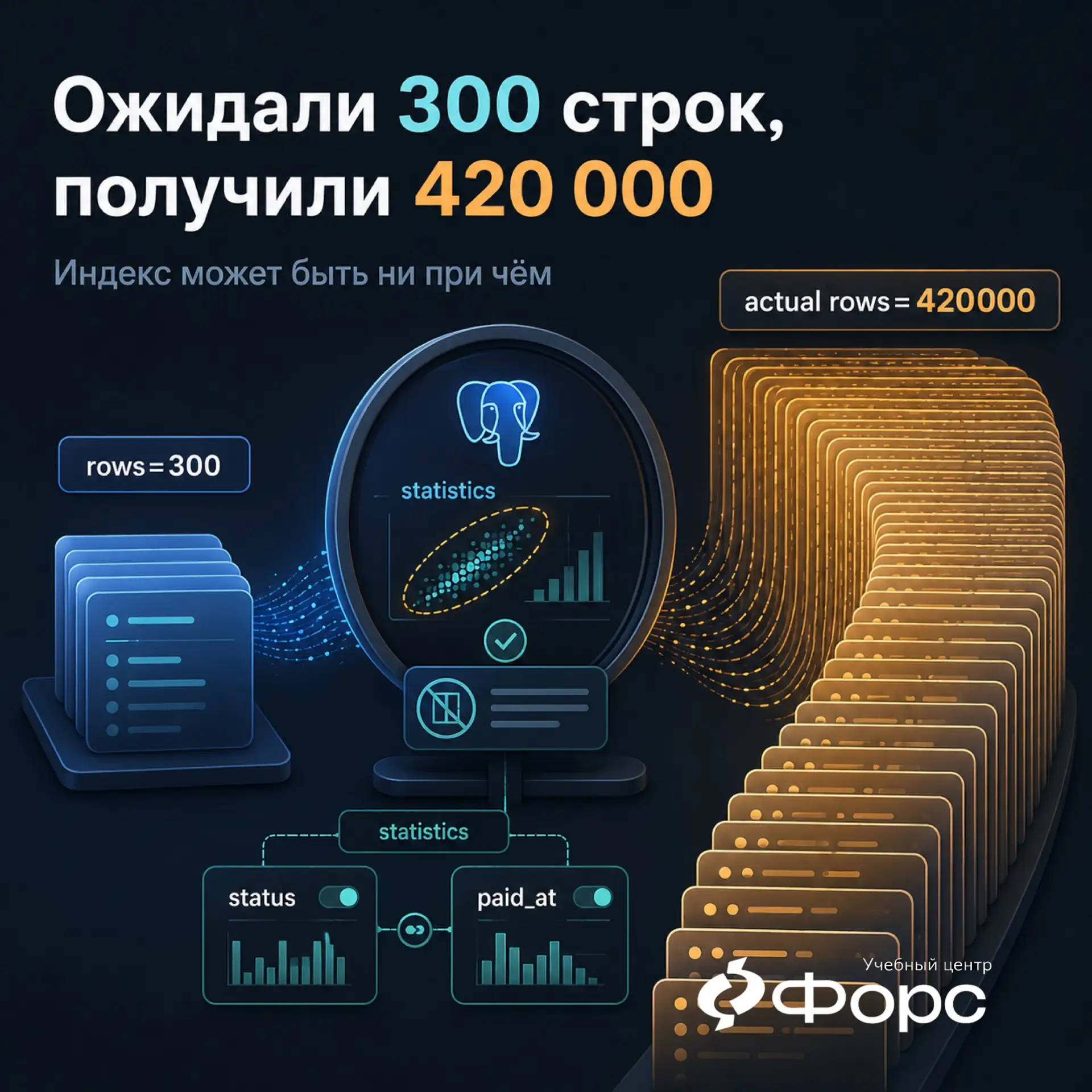 Планировщик ожидал 300 строк, а получил 420 000. И дело может быть не только в индексе.