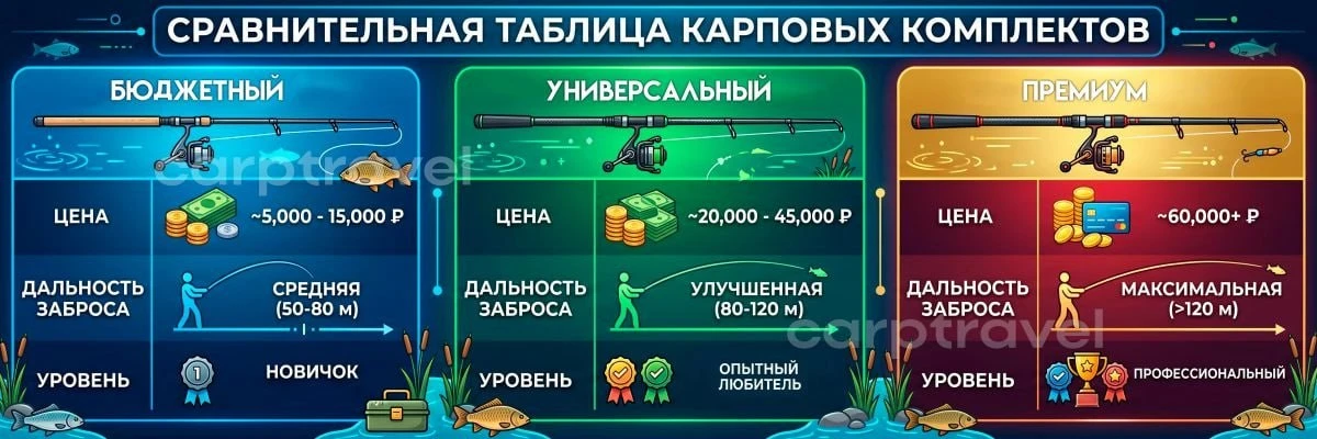 Карповый комплект в 3 вариантах бюджета - 9000, 15 000, 35 000