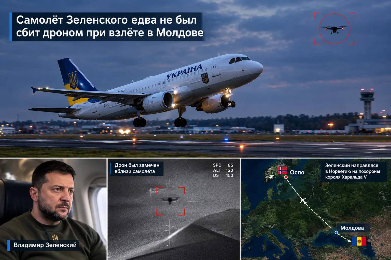 ⚡️ САМОЛЁТ ЗЕЛЕНСКОГО ЕДВА НЕ БЫЛ СБИТ ДРОНОМ ПРИ ВЗЛЁТЕ В МОЛДОВЕ