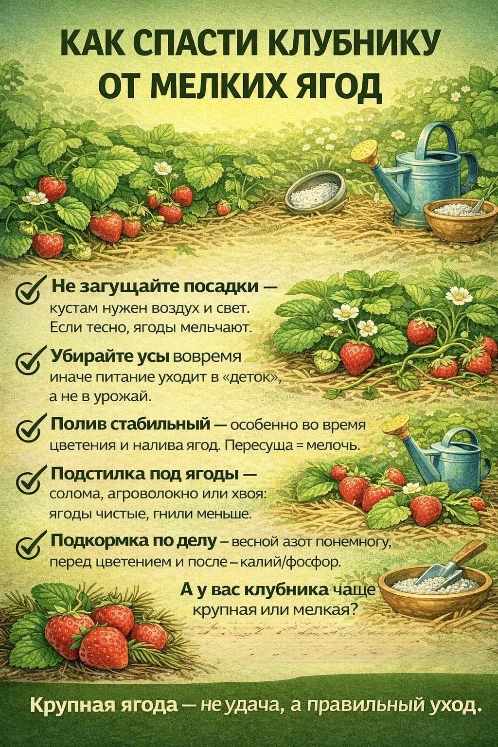 Как спасти клубнику от мелких ягод🍓

Инфографика о пяти правилах ухода за клубникой для получения к