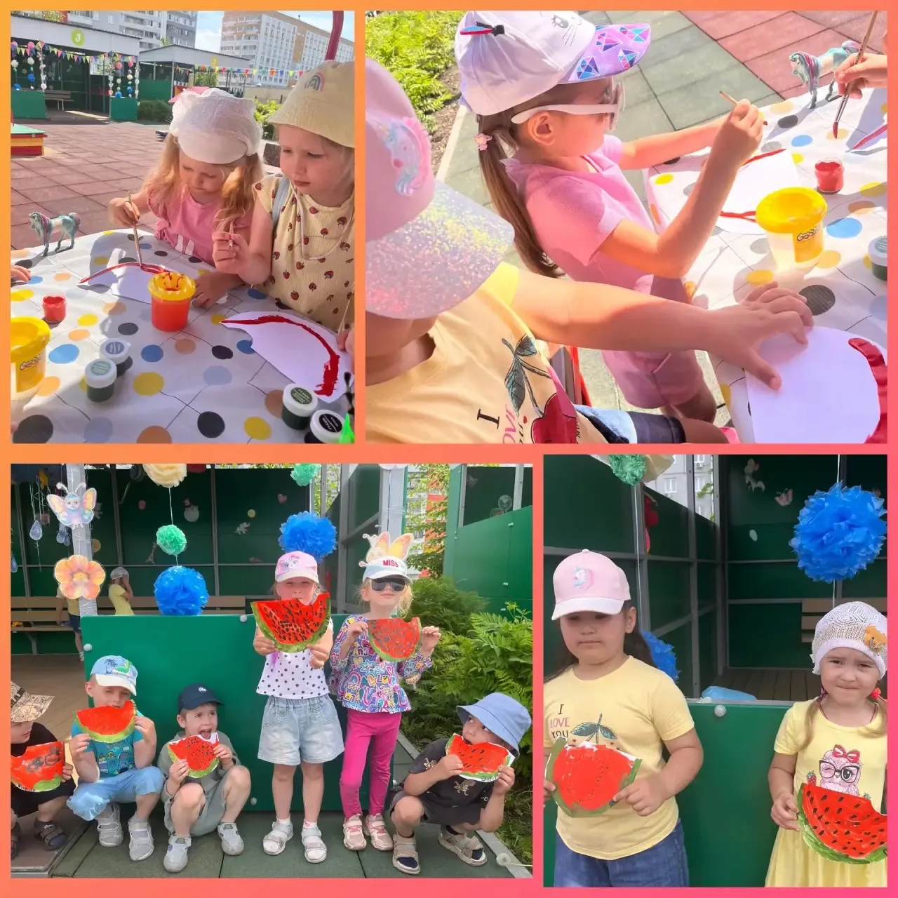 На улице, в группе «Топотушки» ☀️, дети с удовольствием рисовали арбуз 🍉 гуашью 🎨. Творчество на с