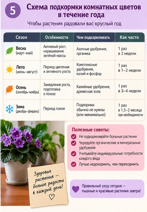 Одна из самых распространённых ошибок — одинаково удобрять растения круглый год.