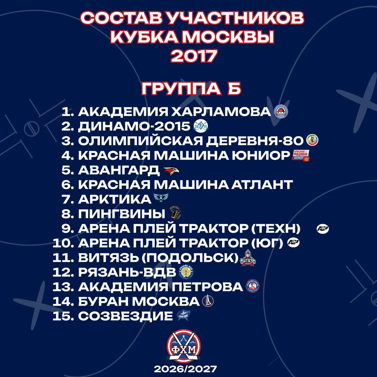 ФХМ опубликовала список команд-участников Кубка Москвы по 2017 году, сезон 2026/27.