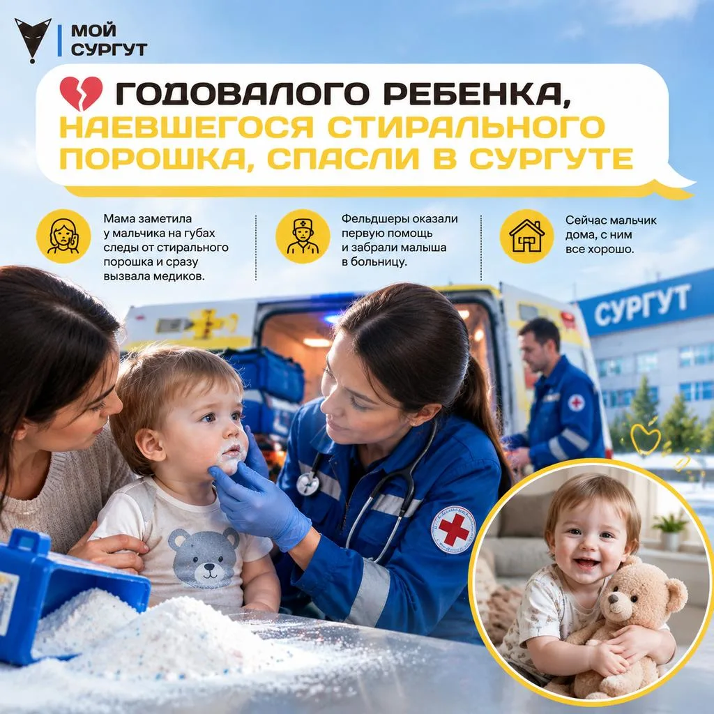 💔Годовалого ребенка, наевшегося стирального порошка, спасли в Сургуте