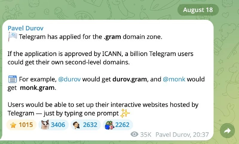 ⚡️ Telegram подал заявку на домен .gram для сайтов пользователей