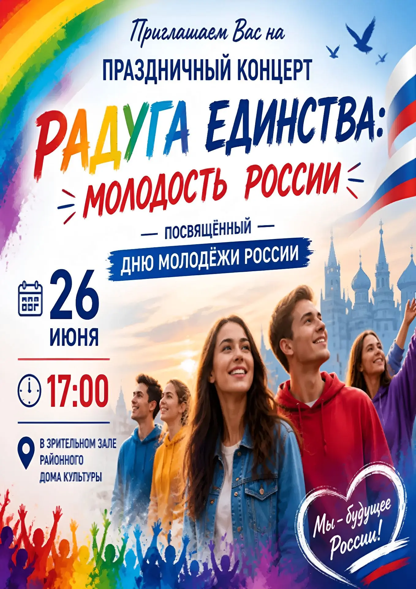 Приглашаем на праздничный концерт «Радуга Единства: Молодость России», посвящённый Дню молодёжи Росс