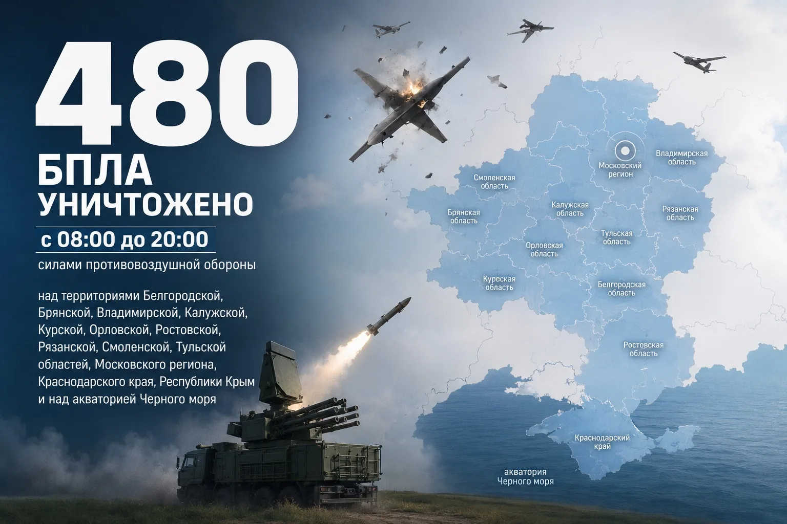 С 08:00 до 20:00 силами противовоздушной обороны было уничтожено 480 БПЛА над территори...