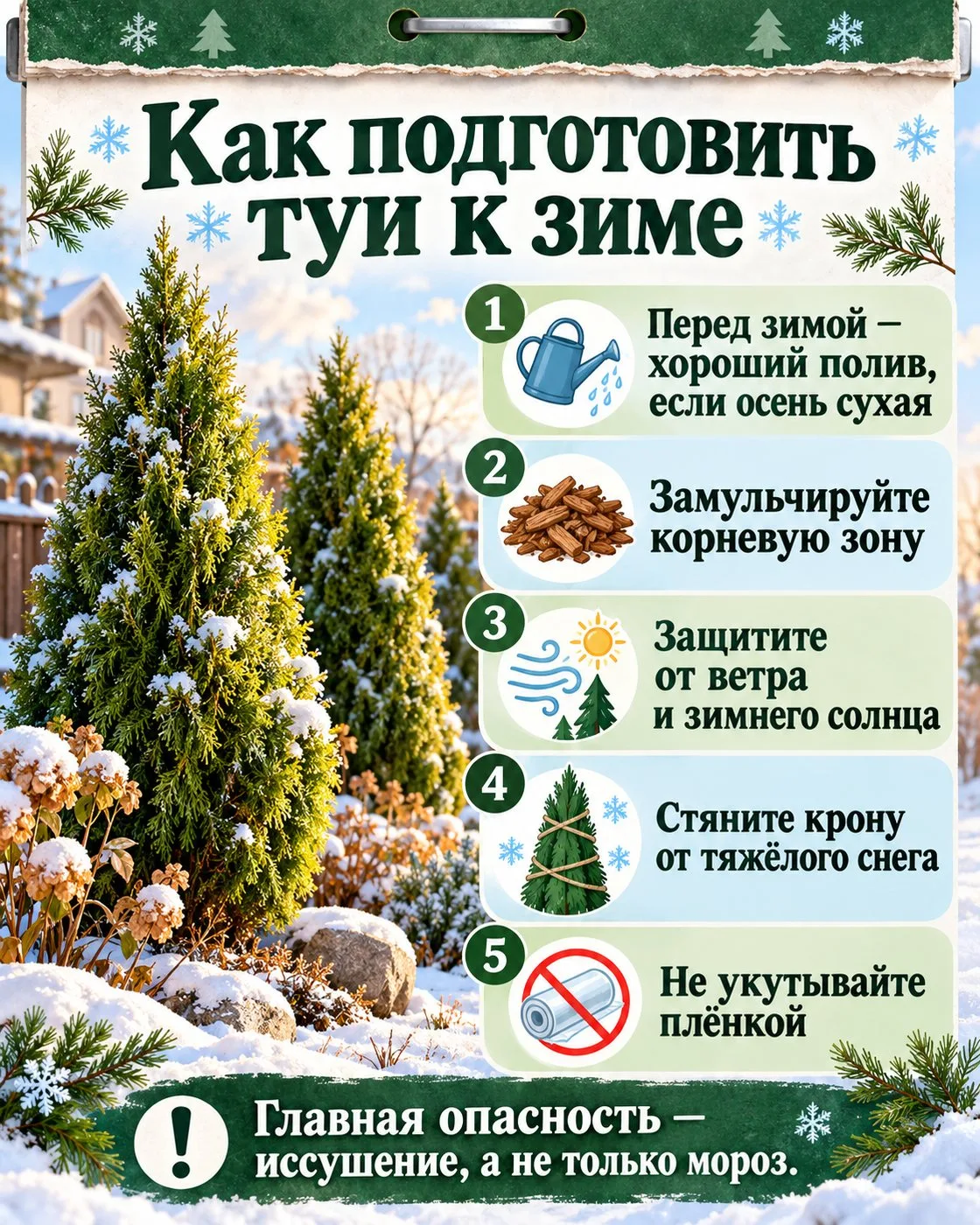 КАК ПОДГОТОВИТЬ ТУИ К ЗИМЕ — И ПОЧЕМУ НЕ НАДО ЗАМАТЫВАТЬ ИХ НАГЛУХО