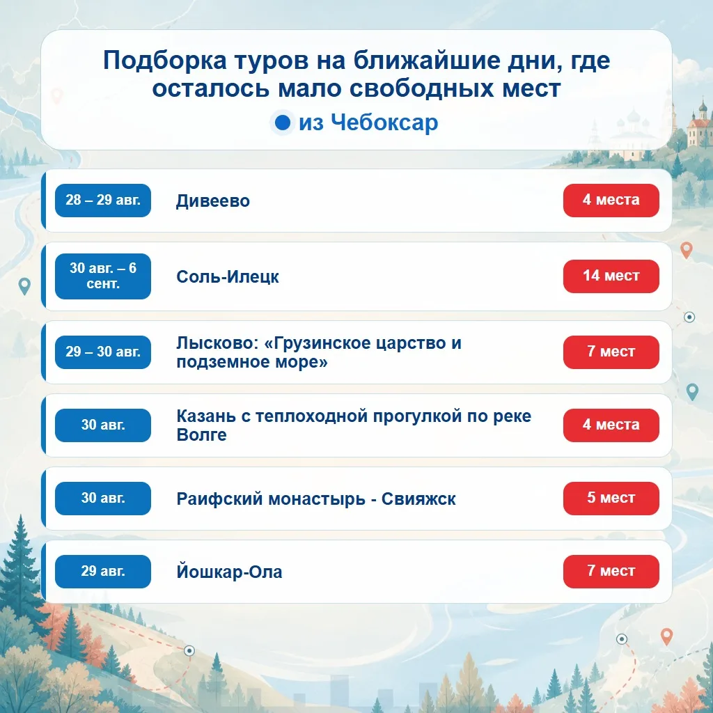 🔥 Подборка туров на ближайшие дни из Чебоксар, где ещё есть свободные места