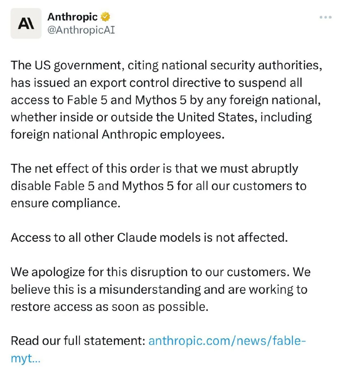 Доступ к модели Fable 5 полностью закрыт для всех пользователей. Anthropic отключила не...