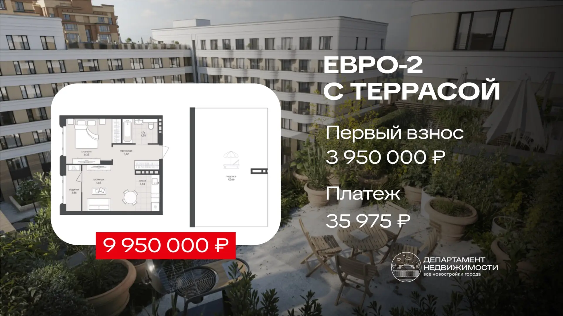 Евродвушка с просторной террасой в готовом доме премиум–класса