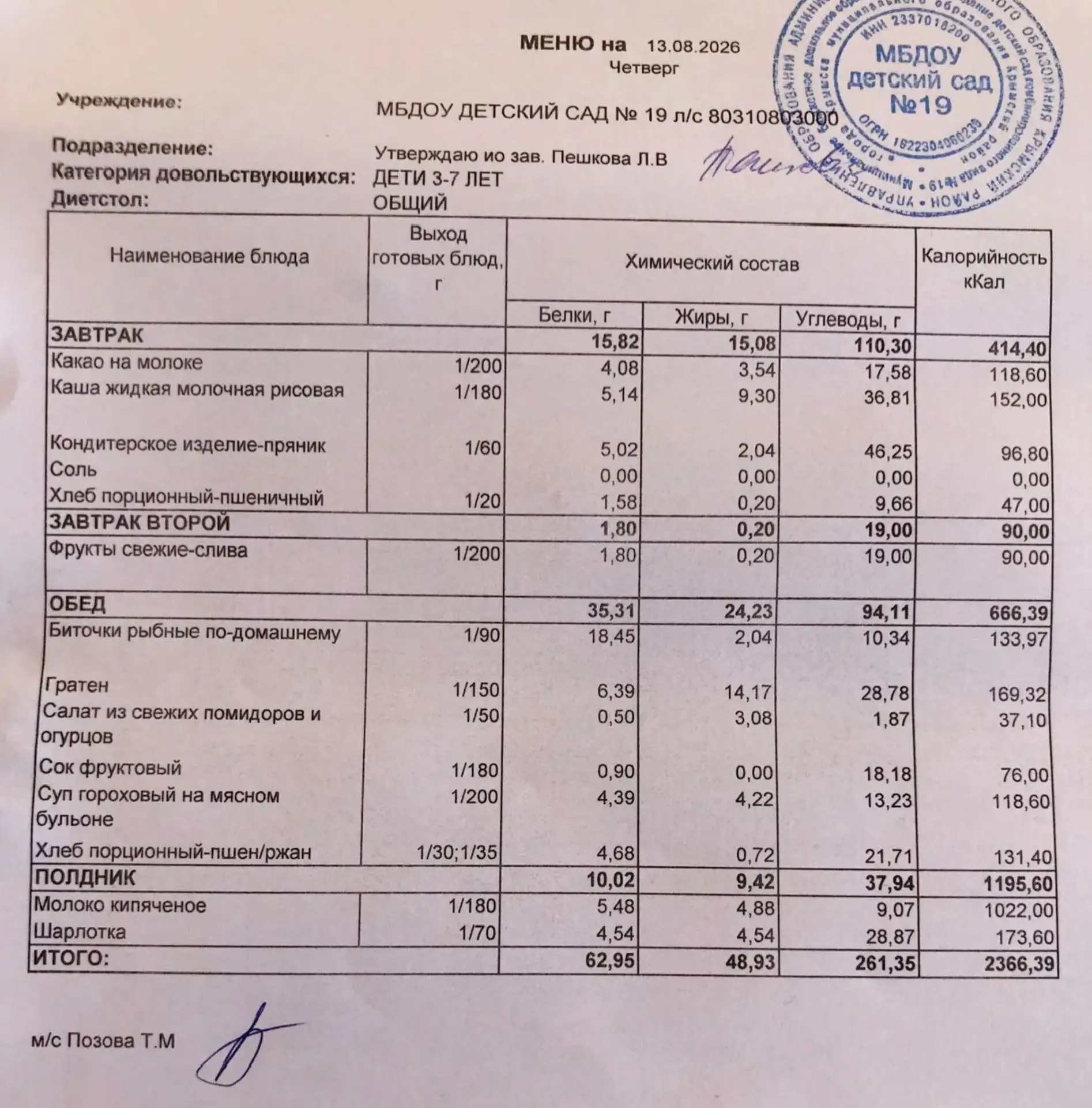 Меню на 13августа 2026г.🍆🐟