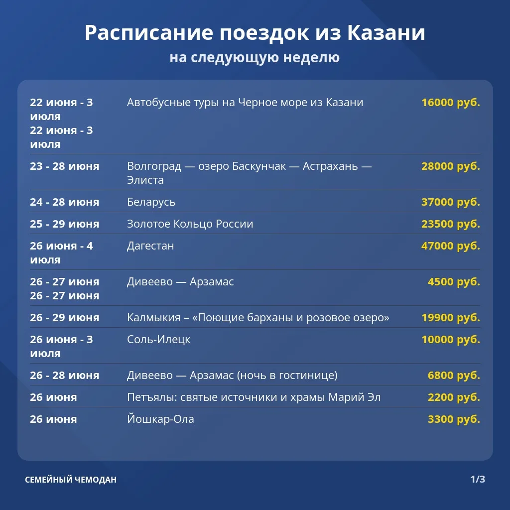 Расписание туров из Казани на следующую неделю (22 - 28 июня). 

Все туры тут – [контакт скрыт]