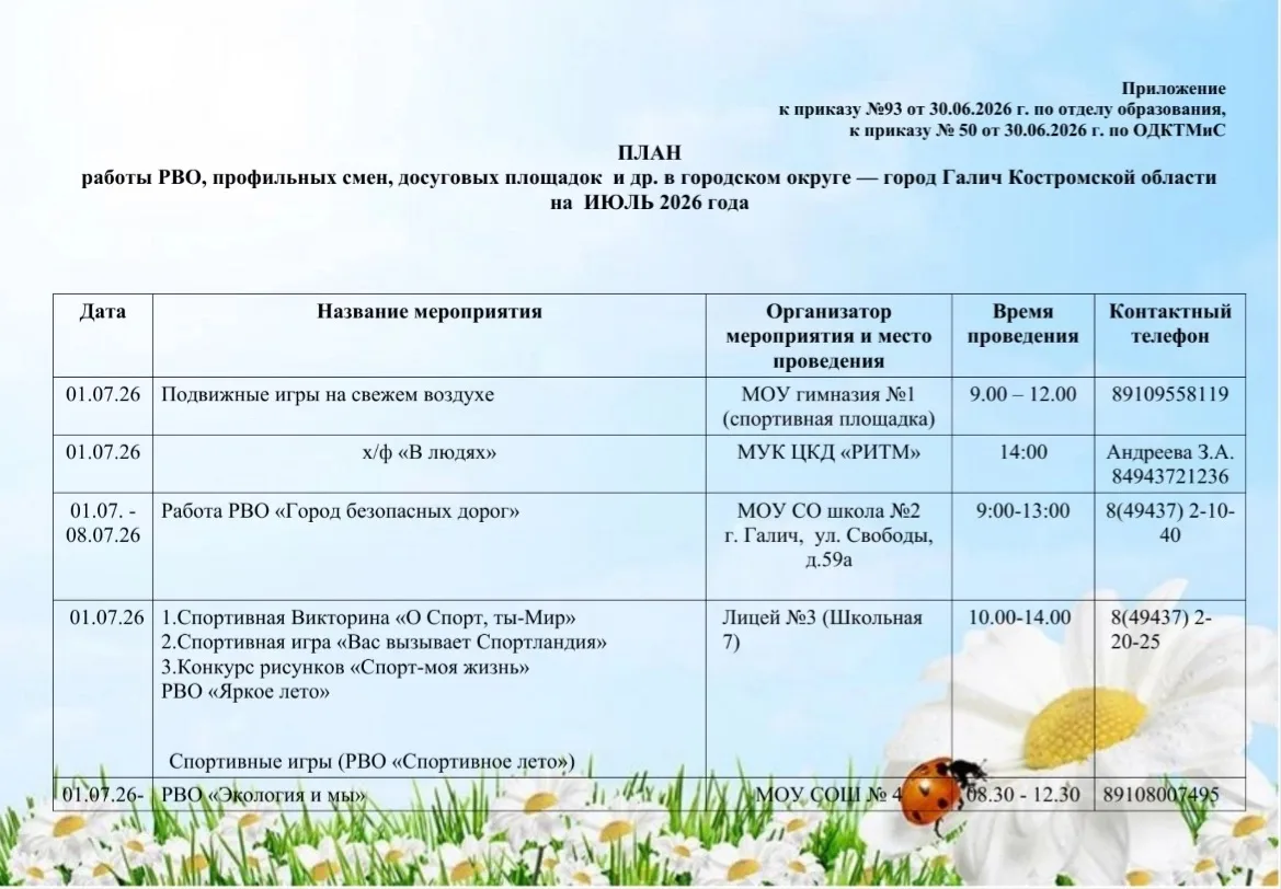 📌☀️План работы РВО,профильных смен,досуговых площадок и других мероприятий на июль в г...
