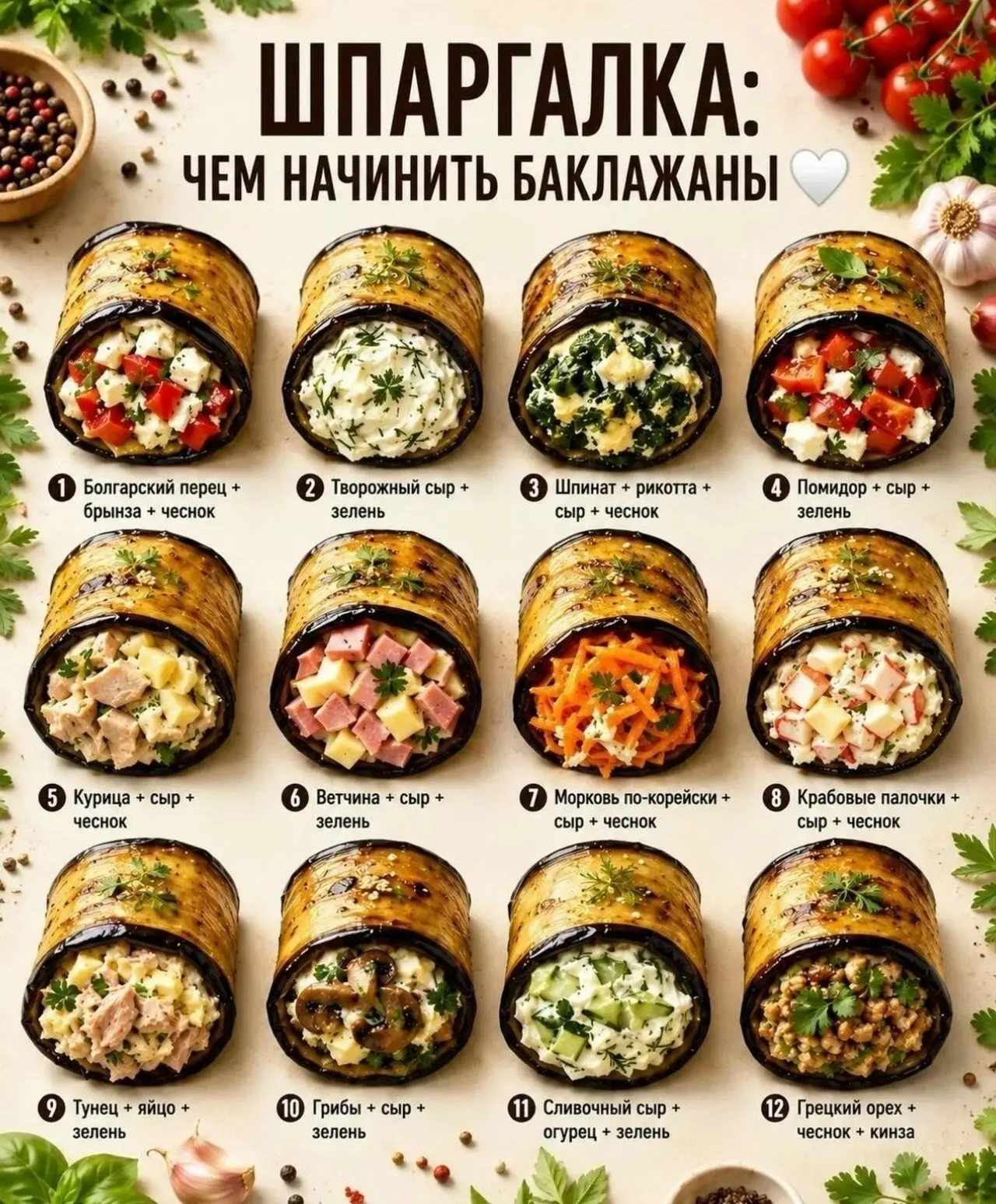 🍆 Шпаргалка: чем начинить баклажаны